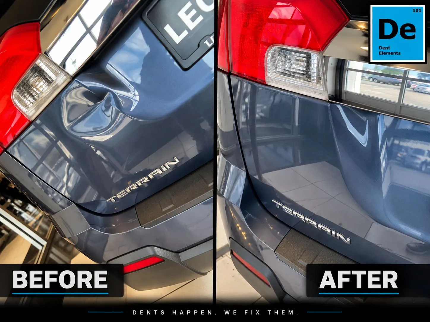 Before and after paintless dent repair on a blue GMC Terrain liftgate