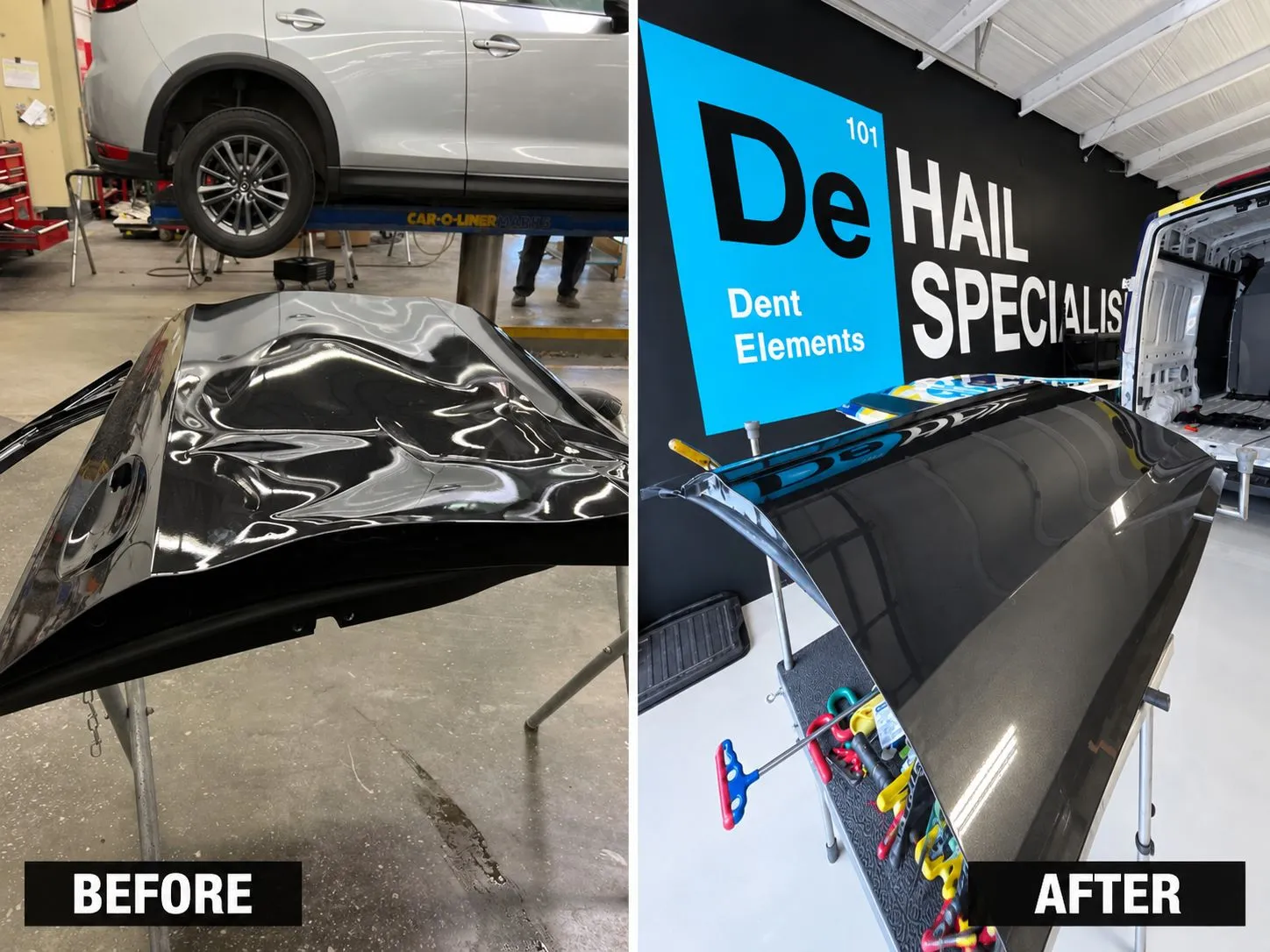 Before and after hood repair at Dent Elements