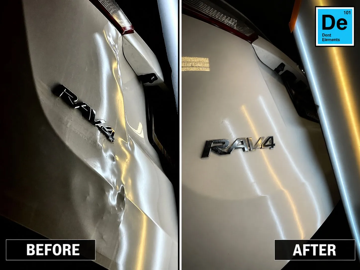 Before and after paintless dent repair on a white Toyota RAV4 liftgate crease