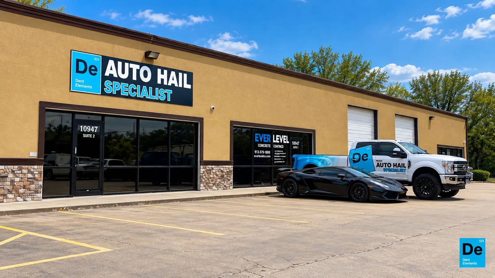 Dent Elements shop at 10947 Kaw Drive, Suite 2, Edwardsville, Kansas, with Auto Hail Specialist sign